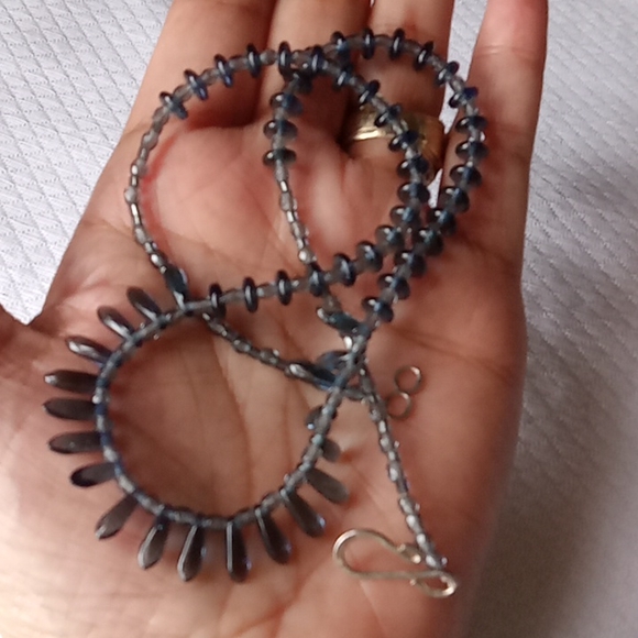 Handmade Blue Beaded Bib Necklace w Sterling Closures. - Picture 4 of 4